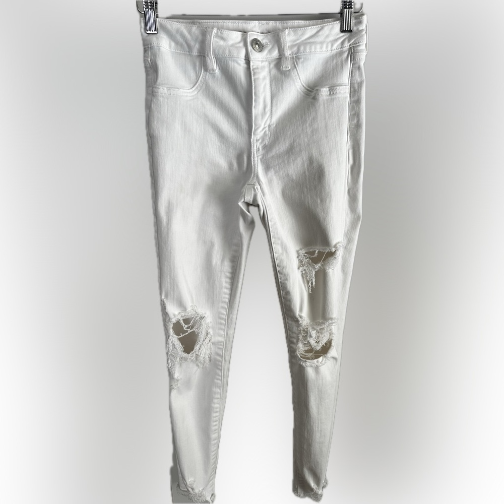 American Eagle White Distressed Mid-Rise Jeans